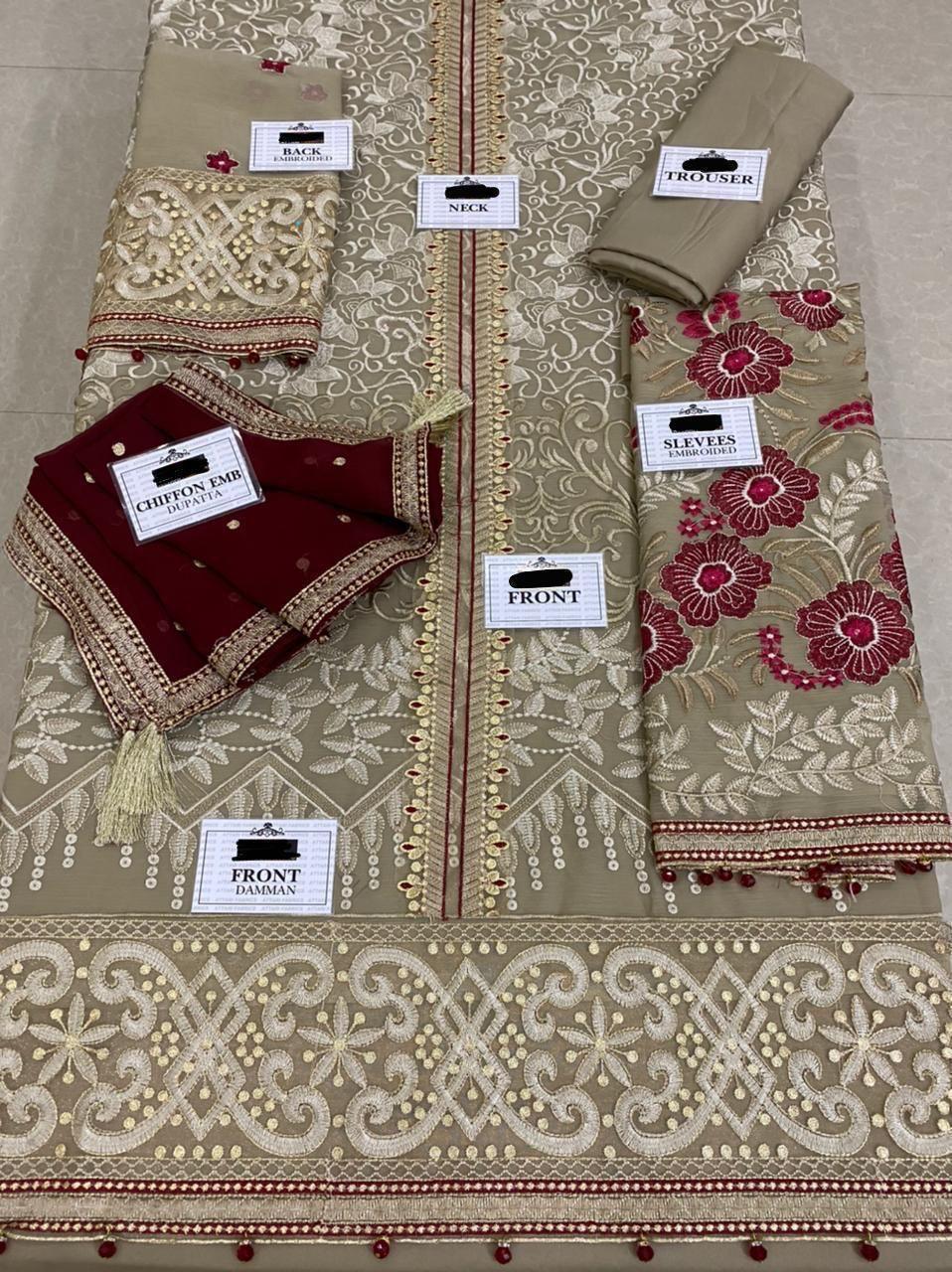 Brown Flossie Chiffon Embroidered Three Piece