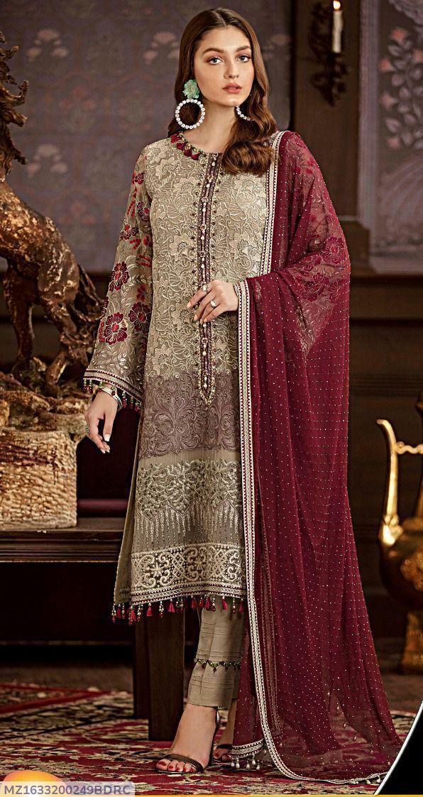 Brown Flossie Chiffon Embroidered Three Piece
