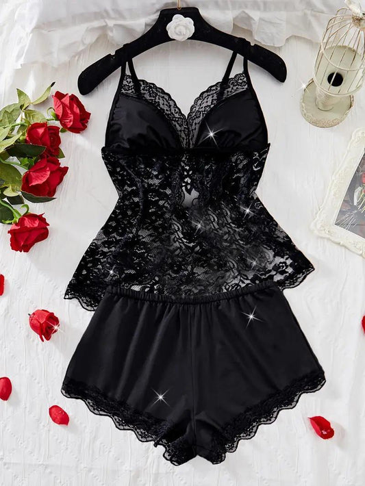 2 Piece Net Camisole - Comfortable Lightweight Black Lingerie Set