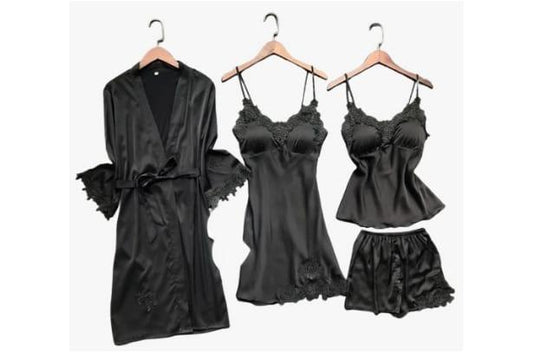 5 Piece Peace Silk Night Wear Set - Premium Embroidered Sleepwear in Maroon