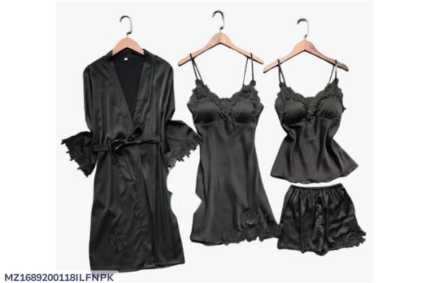 5 Piece Peace Silk Night Wear Set - Premium Embroidered Sleepwear in Maroon