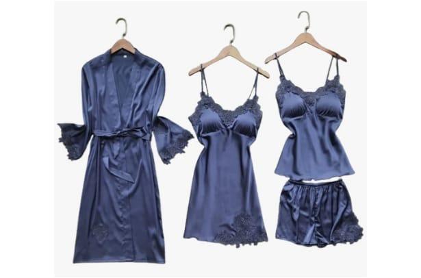 5 Piece Peace Silk Night Wear Set - Premium Embroidered Sleepwear in Maroon