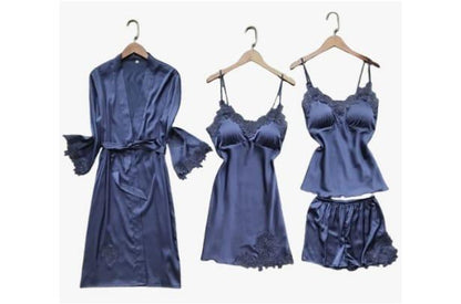 5 Piece Peace Silk Night Wear Set - Premium Embroidered Sleepwear in Maroon