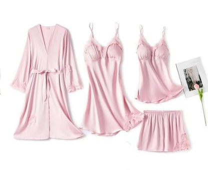 5 Piece Peace Silk Night Wear Set - Premium Embroidered Sleepwear