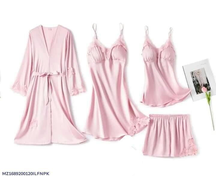 5 Piece Peace Silk Night Wear Set - Premium Embroidered Sleepwear