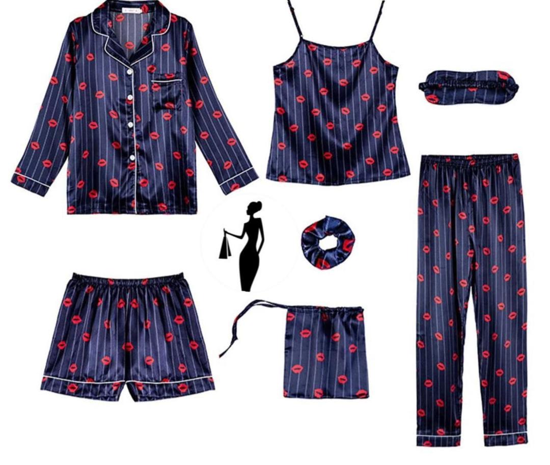 5 Piece Silk Sleepwear Set - V-Neck Printed Night Suit with Shorts