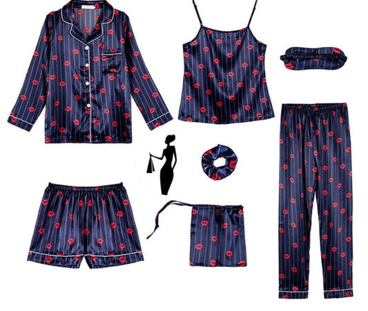 5 Piece Silk Sleepwear Set - V-Neck Printed Night Suit with Shorts