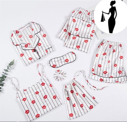 5 Piece Silk Sleepwear Set - V-Neck Printed Night Suit with Shorts