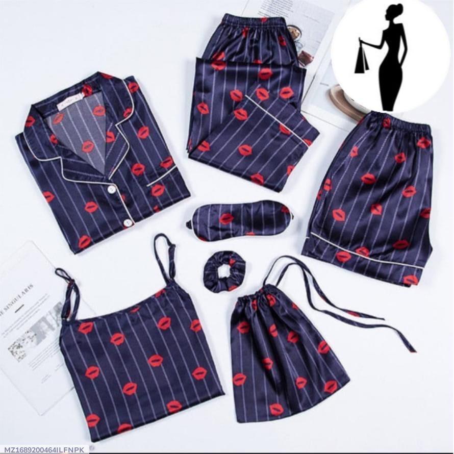 5 Piece Silk Sleepwear Set - V-Neck Printed Night Suit with Shorts
