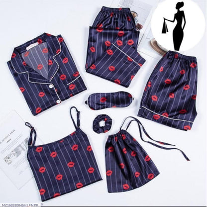5 Piece Silk Sleepwear Set - V-Neck Printed Night Suit with Shorts