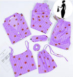 5 Piece Silk Sleepwear Set - V-Neck Printed Night Suit with Shorts The Max Mall