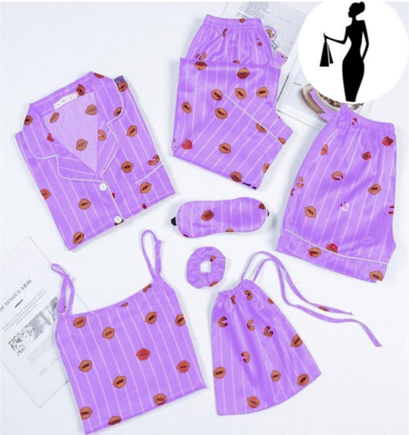 5 Piece Silk Sleepwear Set - V-Neck Printed Night Suit with Shorts