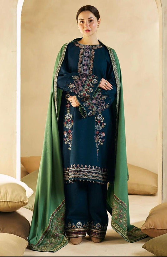 Blue Dhanak Embroidered Three Piece Set