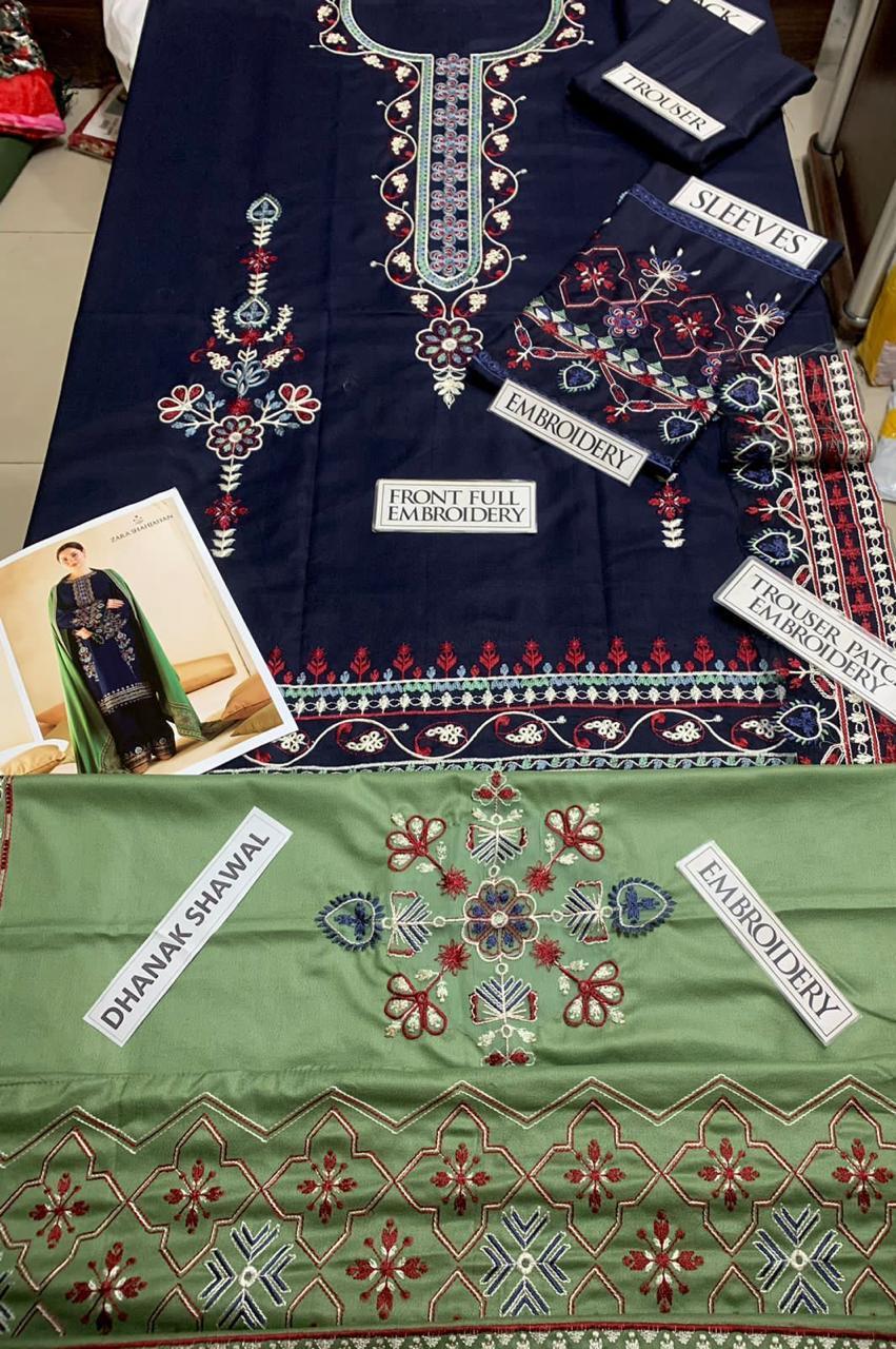 Blue Dhanak Embroidered Three Piece Set