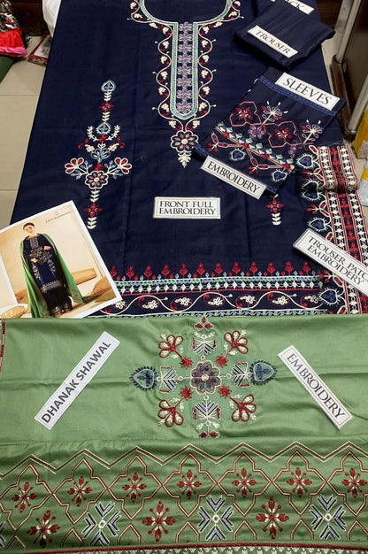Blue Dhanak Embroidered Three Piece Set