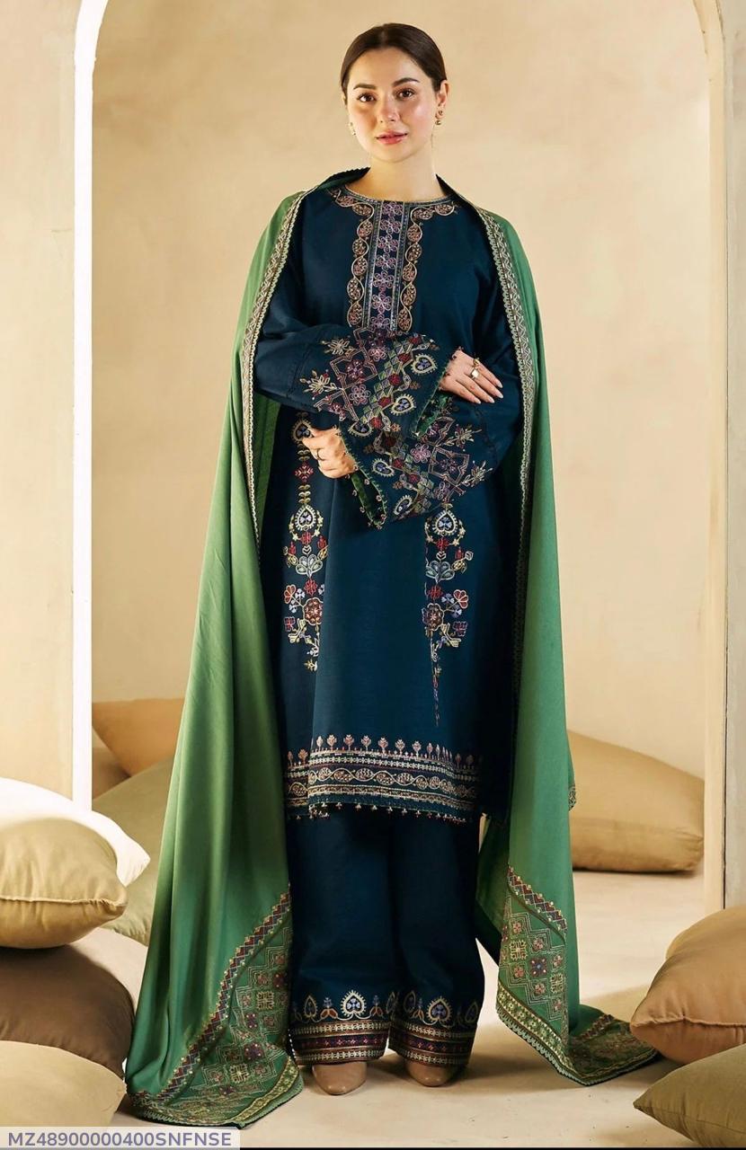 Blue Dhanak Embroidered Three Piece Set