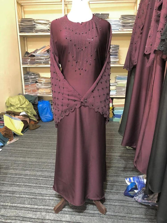 Nida Embroidered Full Abaya - Round Neck Purple