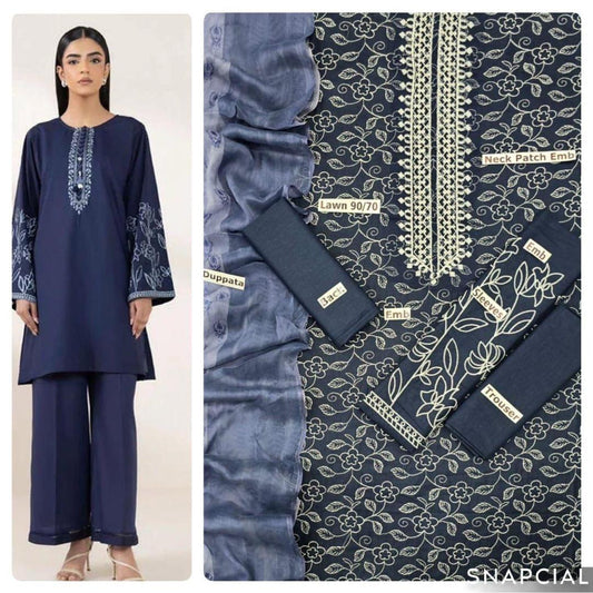 Blue Lawn Embroidered Three Piece Set