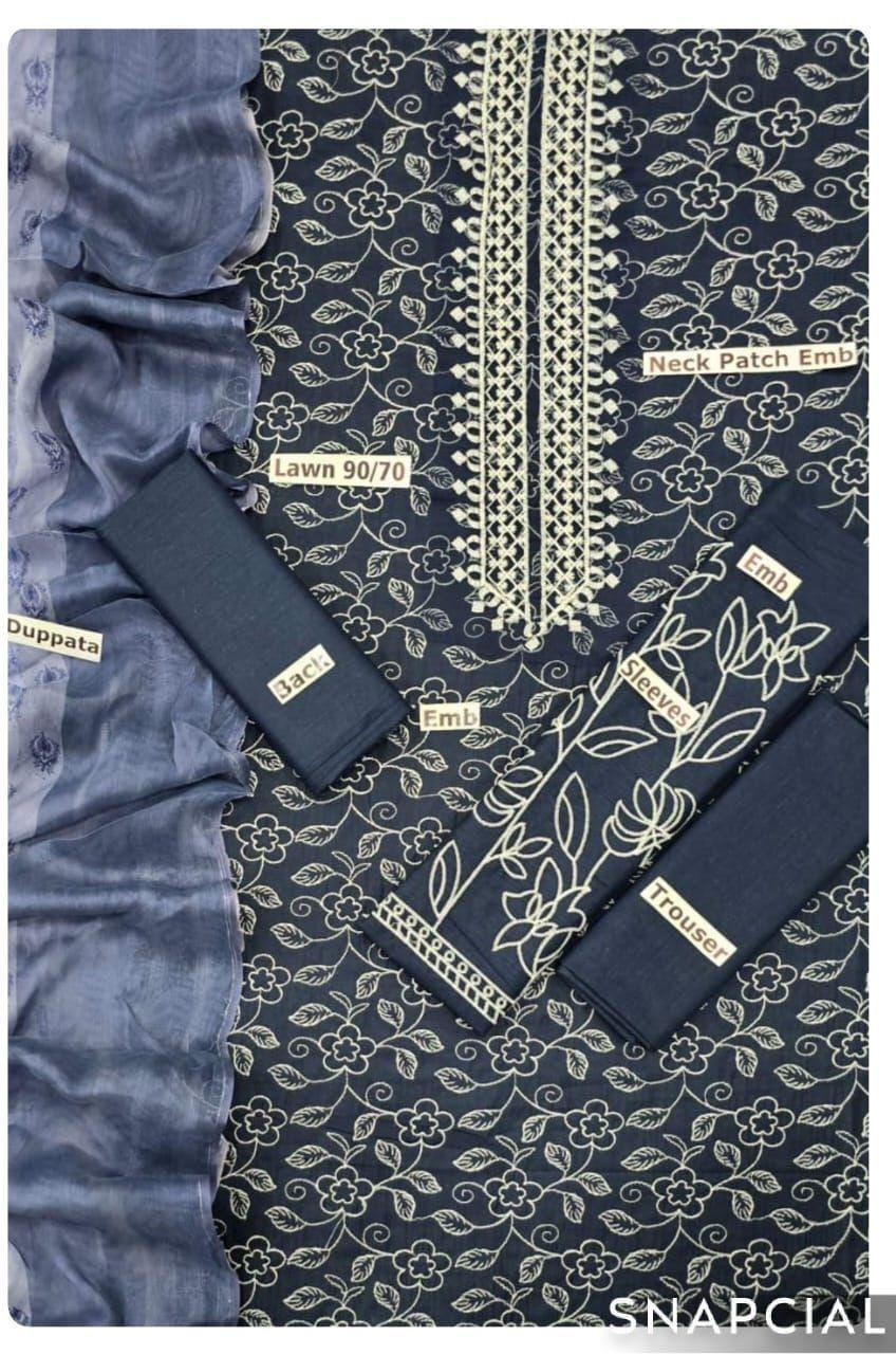 Blue Lawn Embroidered Three Piece Set