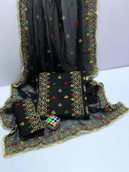 Black Cotton Lawn Zari Tilla Three Piece
