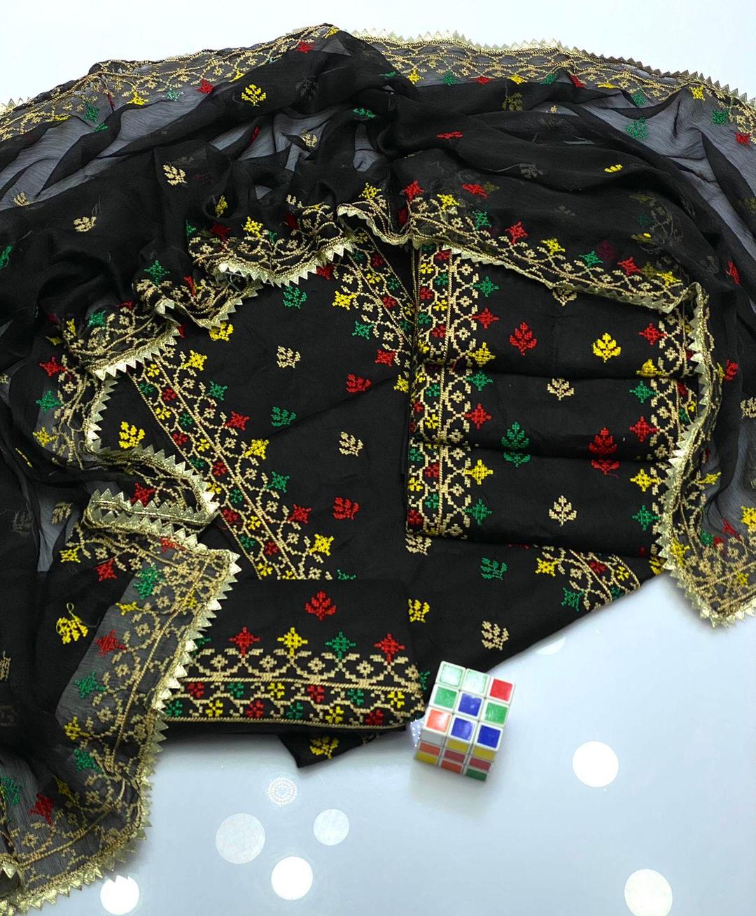 Black Cotton Lawn Zari Tilla Three Piece