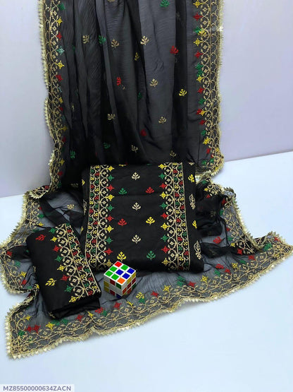 Black Cotton Lawn Zari Tilla Three Piece