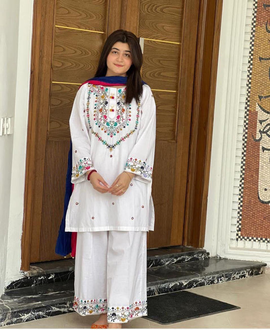Off White Cotton Lawn Chikankari Three Piece