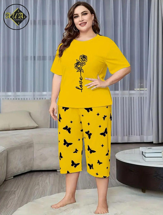 New Arrival Lounge Wear Set - Yellow Printed Cotton Jersey with Capri Trouser