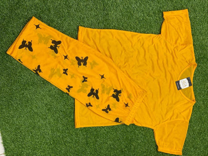 New Arrival Lounge Wear Set - Yellow Printed Cotton Jersey with Capri Trouser