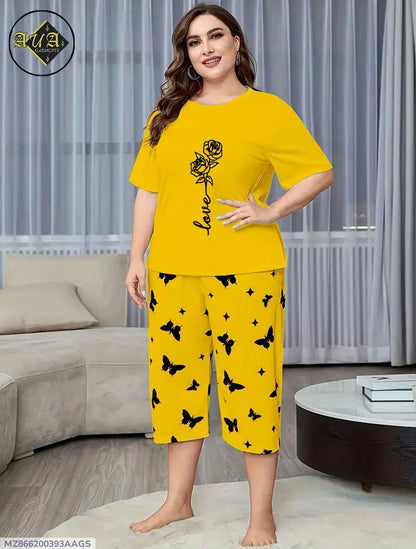 New Arrival Lounge Wear Set - Yellow Printed Cotton Jersey with Capri Trouser