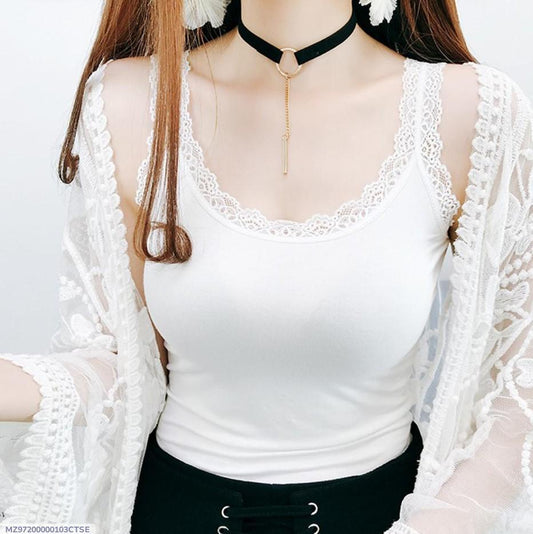 Women's Cotton Camisole with Lace Trim - White