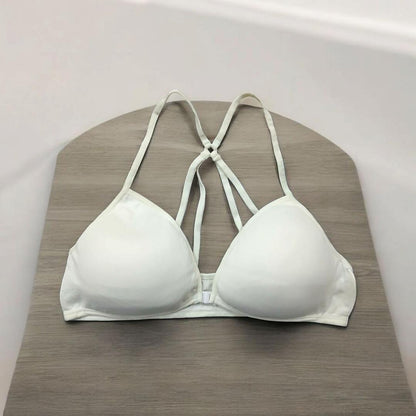 Women Front Button Bra with Double Crisscross Straps - White Jersey