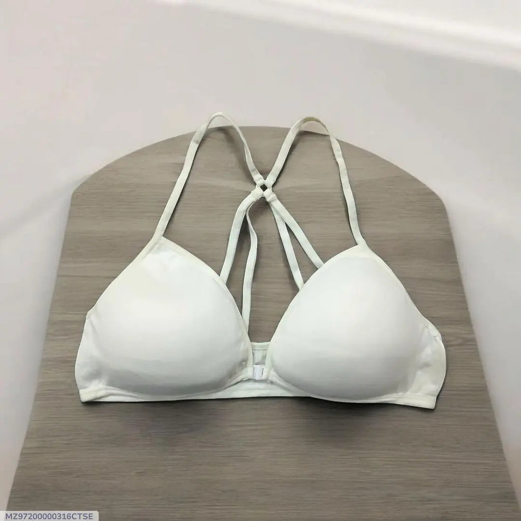 Women Front Button Bra with Double Crisscross Straps - White Jersey The Max Mall