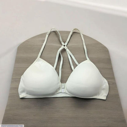 Women Front Button Bra with Double Crisscross Straps - White Jersey