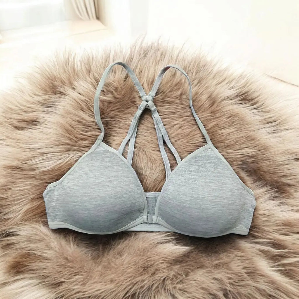 Women Front Button Bra with Double Crisscross Straps - White Jersey The Max Mall