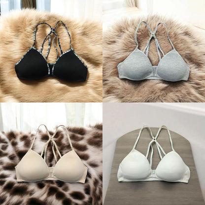 Women Front Button Bra with Double Crisscross Straps - White Jersey