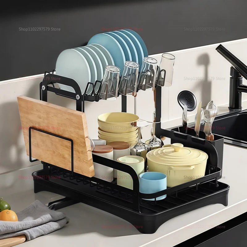 2-Tier Dish Drying Rack with Drainage Basket – Expandable Kitchen Sink Organizer