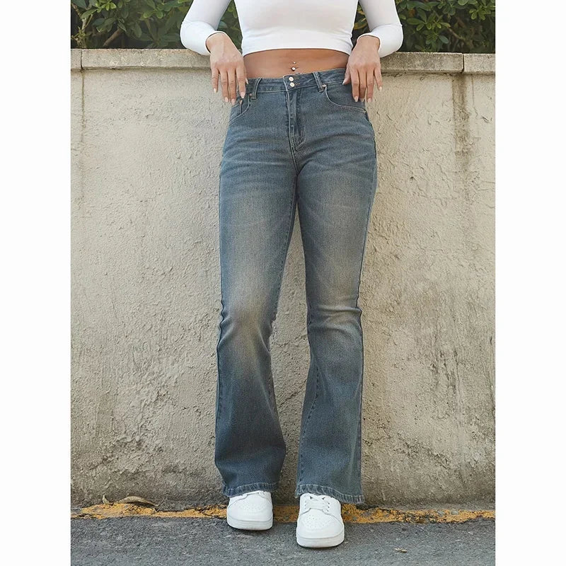 Women's Straight Denim Jeans - Mid Waist Distressed