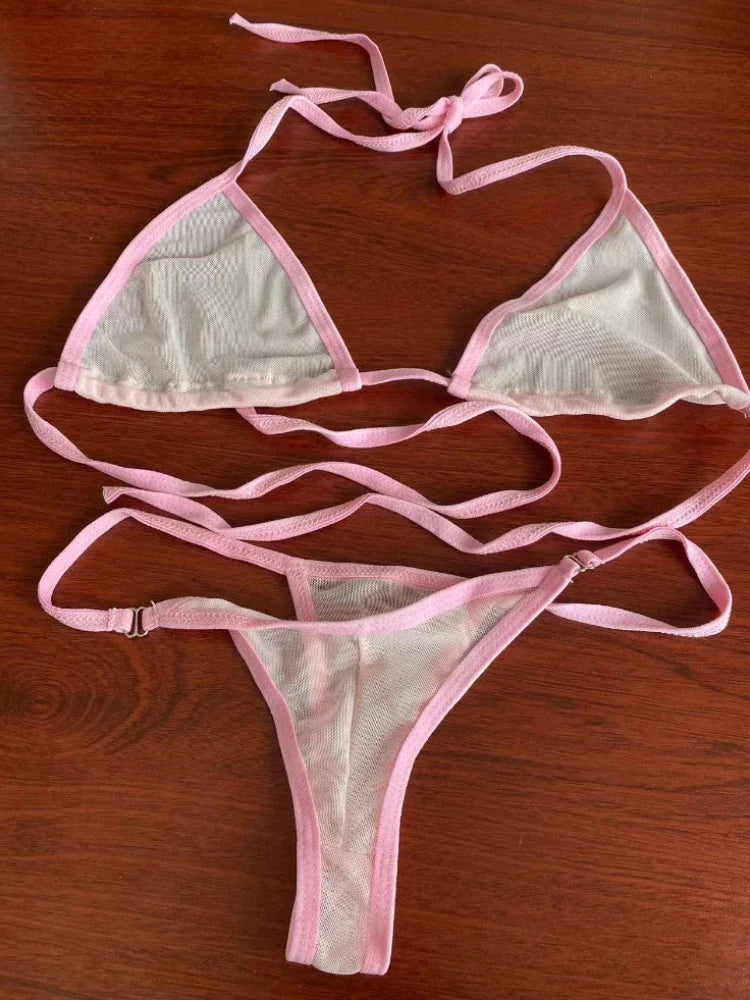 New Mesh G-String Bikini Brazilian Women Swimsuit See Through Bikini Set