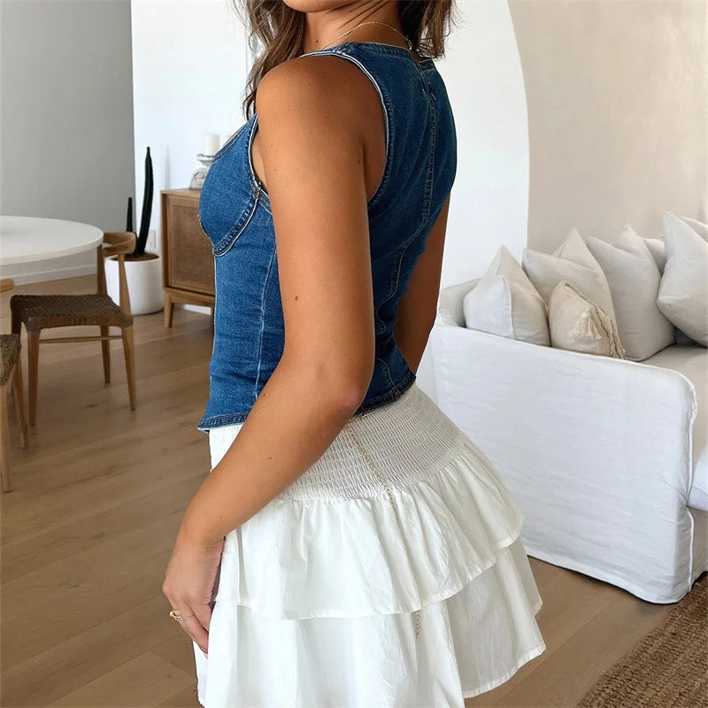 Denim Tank Top - Square Neck Button Vest