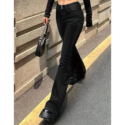Women's Straight Denim Jeans - Mid Waist Distressed