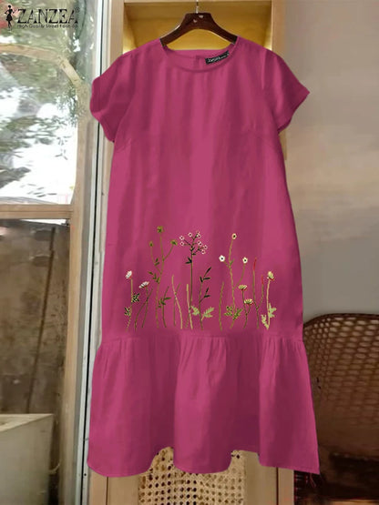 ZANZEA Floral Embroidery Dress - Short Sleeve