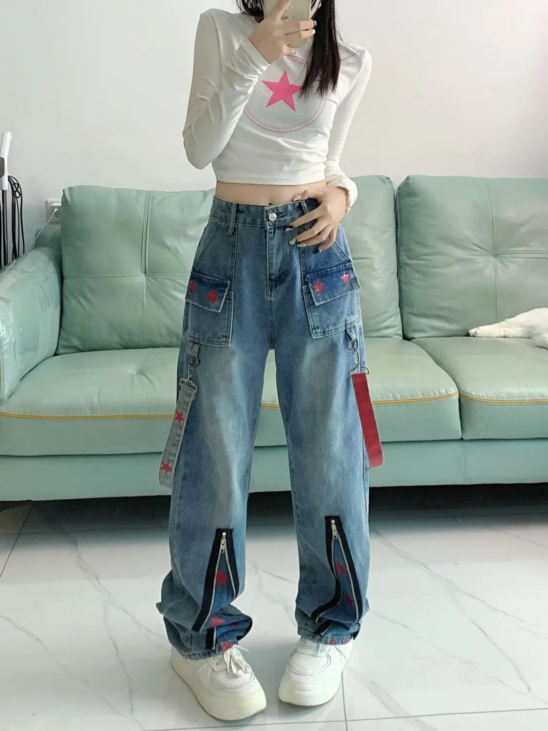 Straight Retro Zipper Star Work Jeans for Men and Women High Street Wide Leg Pants The Max Mall