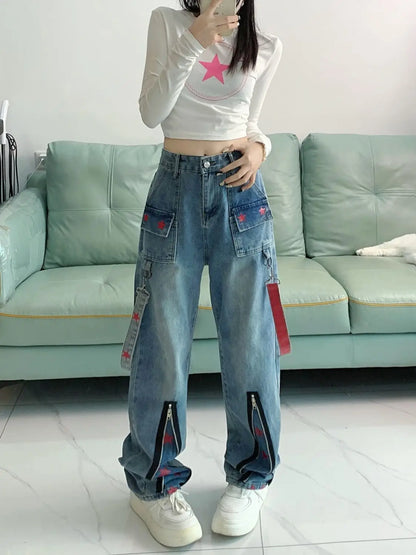 Straight Retro Zipper Star Work Jeans for Men and Women High Street Wide Leg Pants