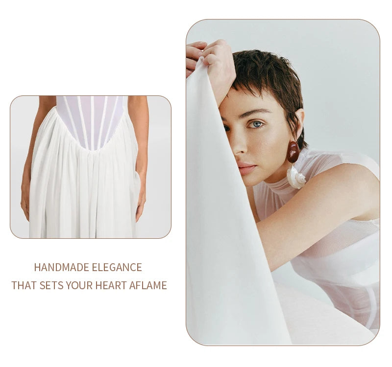 Elegant White Sheer Illusion Dress with Tulle Skirt–Temperament Sleeveless