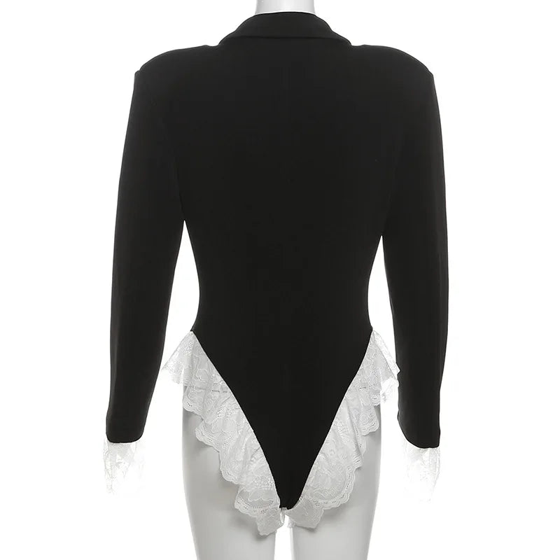 Lace Fashion Suit Jumpsuit Female Blazer Body Top V-Neck Slim Long Sleeve Sexy Cardigan Streetwear Women Black Rompers New