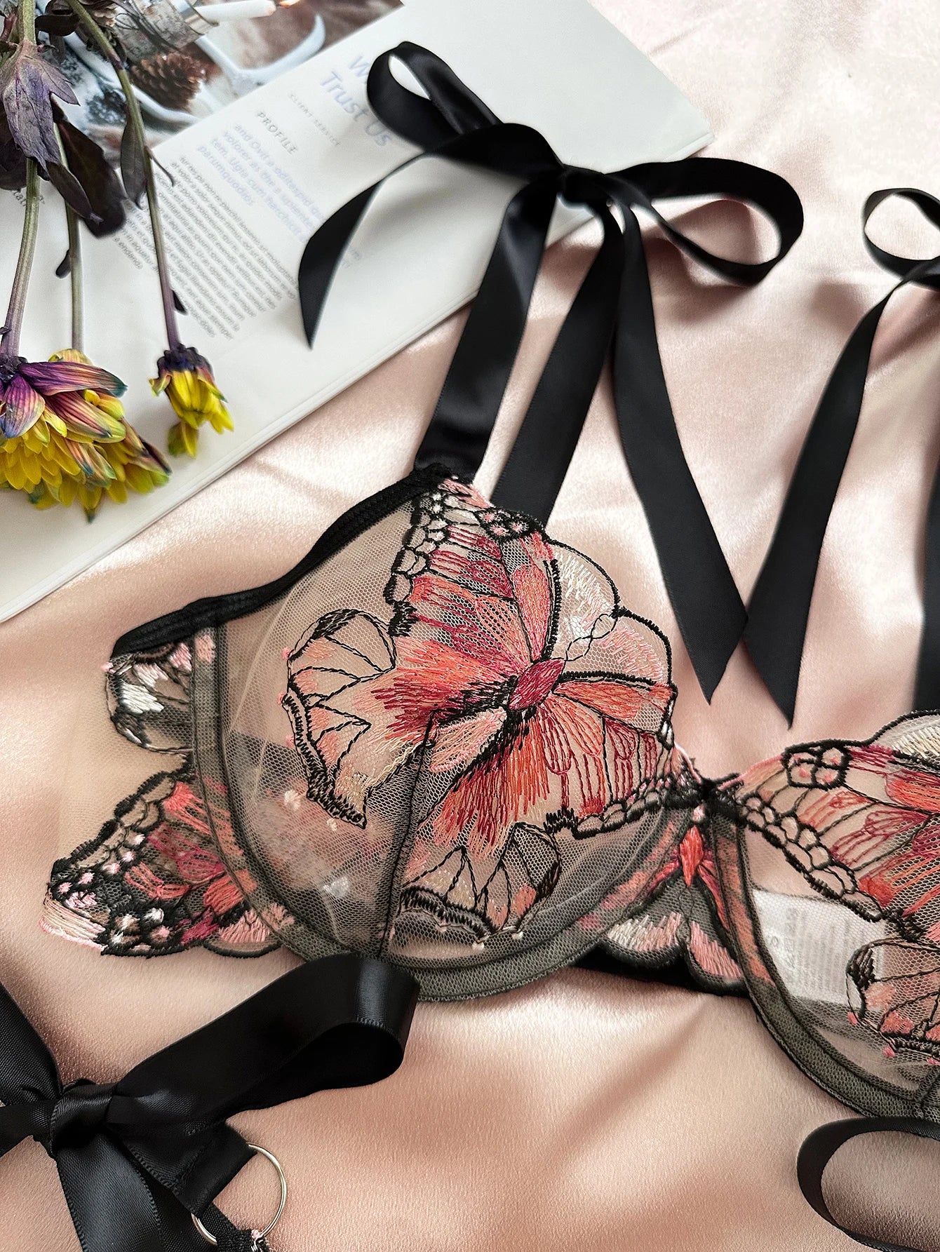 Butterfly Lingerie Set Sexy Hot Sheer Mesh Embroidery Bra & Panty