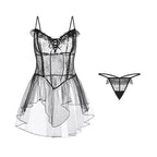 Fashion V Neck See Through Lace Nightdress Irregular Hem Flounce Sling Night Dress Lingerie Bowknot Lace Mesh Nightgown Sleep