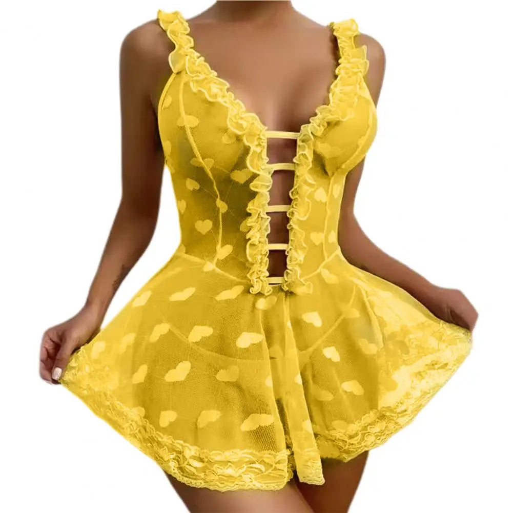 Chemise Women Night Dress Sleeveless Transparent Deep V Neck Love Heart Pattern Women Sexy Women Nightgown Sweet Slip Dress
