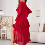 ‌Sheer Mesh Robe Set - Flared Sleeve Long Nightgown with G-string, Elegant Loungewear